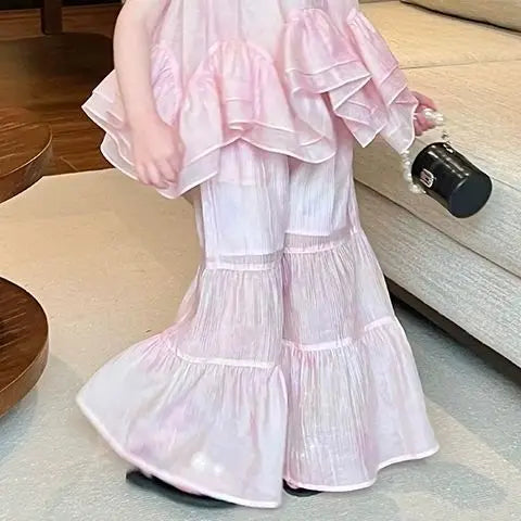 Flower Top Flared Pants Set Summer New Thin Fashionable Casual Loose Sweet Temperament Flower Vest Bell Bottom Pants 2 Piece Set