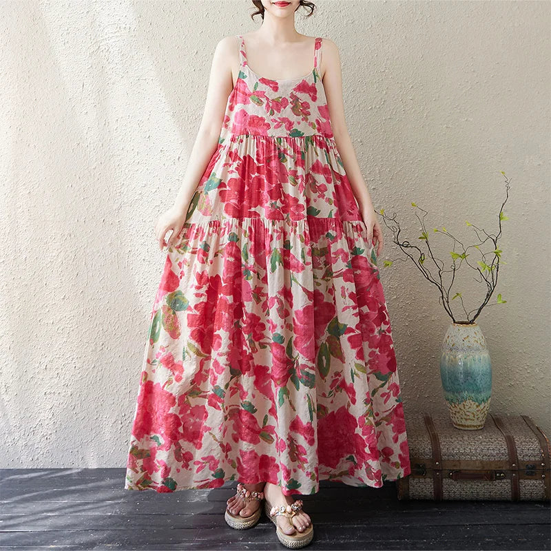Casual Loose Cotton Linen A-Line Long Dress Women's Sleeveless round Neck Printed Gown Artistic Style plus Size Skirt