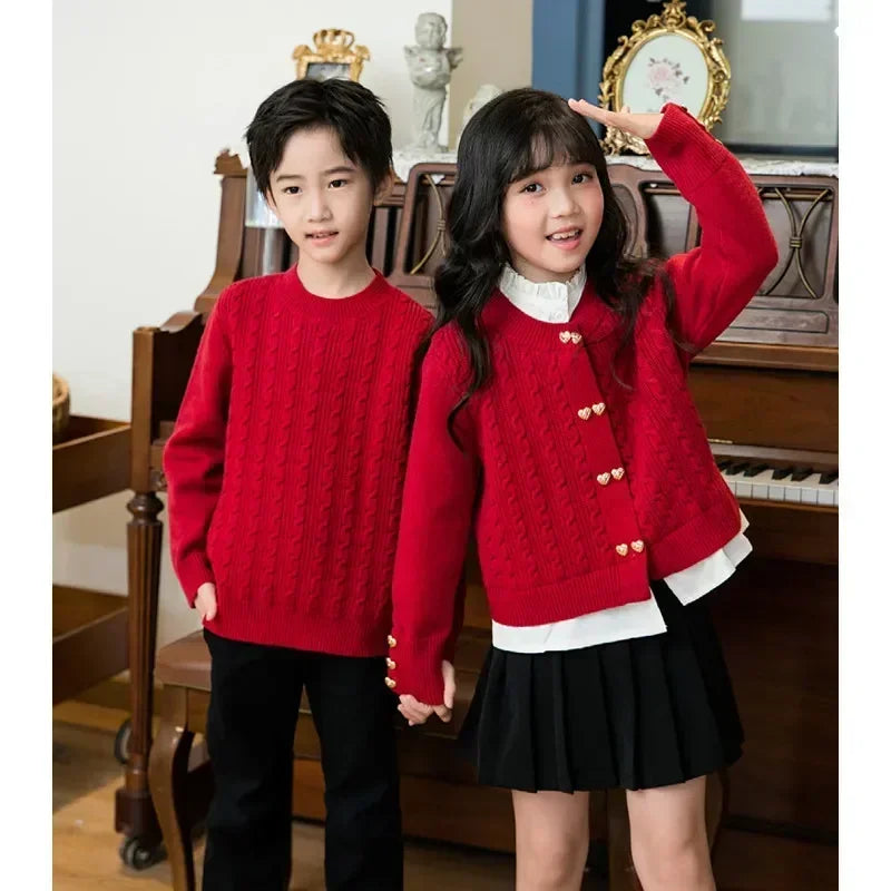 Knitted Cardigan New Year Family Matching Red Knit Clothes Christmas Mother and Daughter Father and Son Children Sweater Jumper