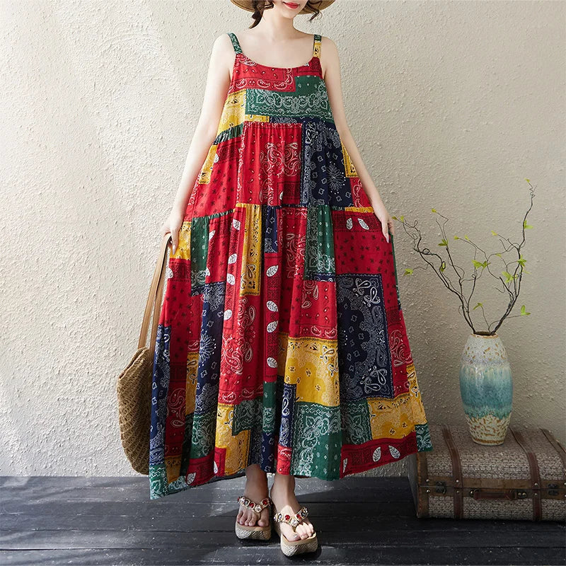 Casual Loose Cotton Linen A-Line Long Dress Women's Sleeveless round Neck Printed Gown Artistic Style plus Size Skirt