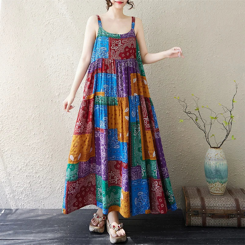 Casual Loose Cotton Linen A-Line Long Dress Women's Sleeveless round Neck Printed Gown Artistic Style plus Size Skirt