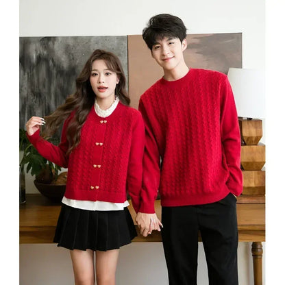 Knitted Cardigan New Year Family Matching Red Knit Clothes Christmas Mother and Daughter Father and Son Children Sweater Jumper