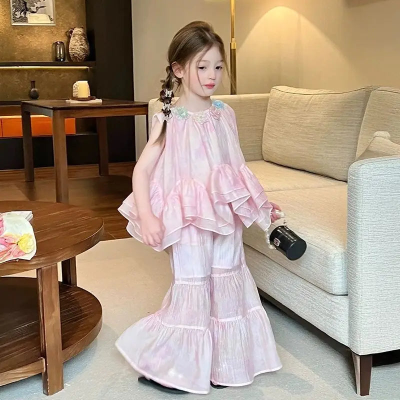 Flower Top Flared Pants Set Summer New Thin Fashionable Casual Loose Sweet Temperament Flower Vest Bell Bottom Pants 2 Piece Set