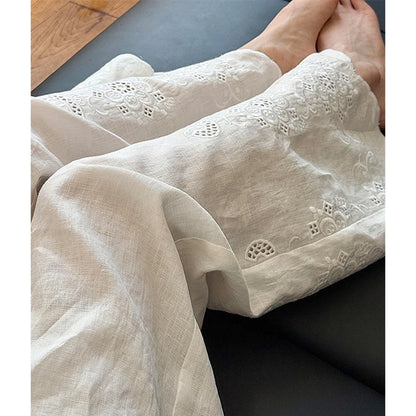 Elegant Linen White Wide Leg Pants Women Fashion Embroidery Baggy Full Length Pants Summer Korean Casual Straight Trousers New