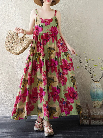 Casual Loose Cotton Linen A-Line Long Dress Women's Sleeveless round Neck Printed Gown Artistic Style plus Size Skirt