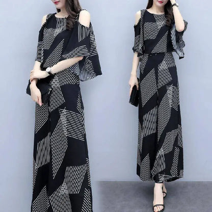 Elegant Fashion Printed Two Piece Sets Summer 2025 New O-Neck Half Sleeve Off Shoulder Tops Elastic Waist Flare Pants Women Suit