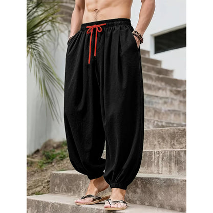 Men's Cotton Linen Wide Leg Pants Casual Loose Fit Solid Color Breathable Lightweight Elastic Waist Male Baggy Long Pants