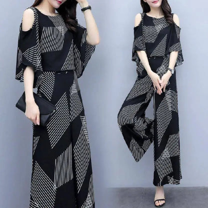Elegant Fashion Printed Two Piece Sets Summer 2025 New O-Neck Half Sleeve Off Shoulder Tops Elastic Waist Flare Pants Women Suit