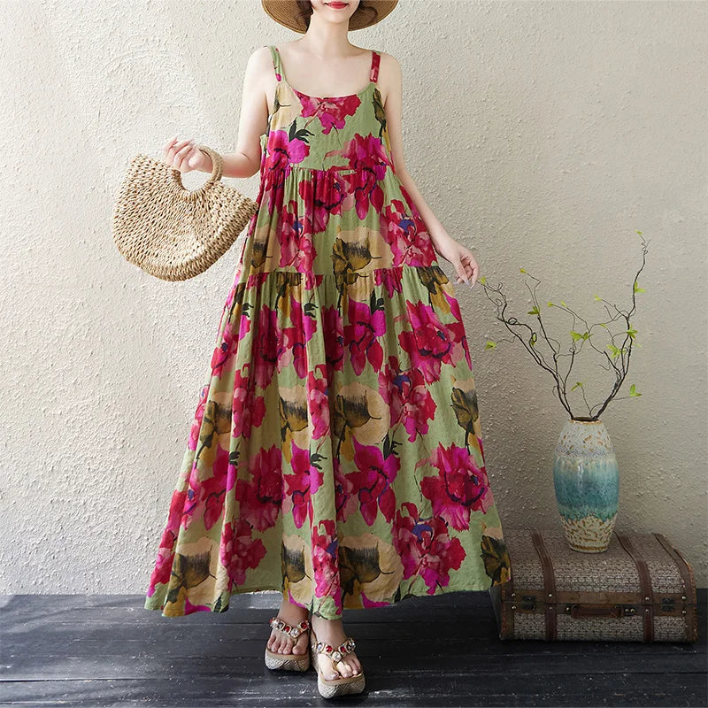 Casual Loose Cotton Linen A-Line Long Dress Women's Sleeveless round Neck Printed Gown Artistic Style plus Size Skirt