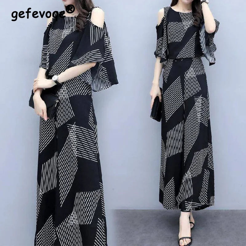 Elegant Fashion Printed Two Piece Sets Summer 2025 New O-Neck Half Sleeve Off Shoulder Tops Elastic Waist Flare Pants Women Suit