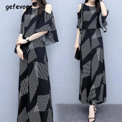Elegant Fashion Printed Two Piece Sets Summer 2025 New O-Neck Half Sleeve Off Shoulder Tops Elastic Waist Flare Pants Women Suit