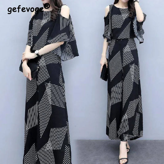 Elegant Fashion Printed Two Piece Sets Summer 2025 New O-Neck Half Sleeve Off Shoulder Tops Elastic Waist Flare Pants Women Suit