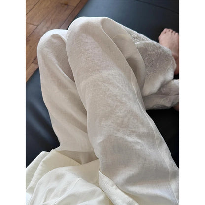 Elegant Linen White Wide Leg Pants Women Fashion Embroidery Baggy Full Length Pants Summer Korean Casual Straight Trousers New