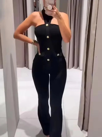 Women 2 Pieces Pants Sets 2026 New Fashion Gold Button Halter Top + Flare Trousers Women's Suit Bodycon Set Woman Outfits