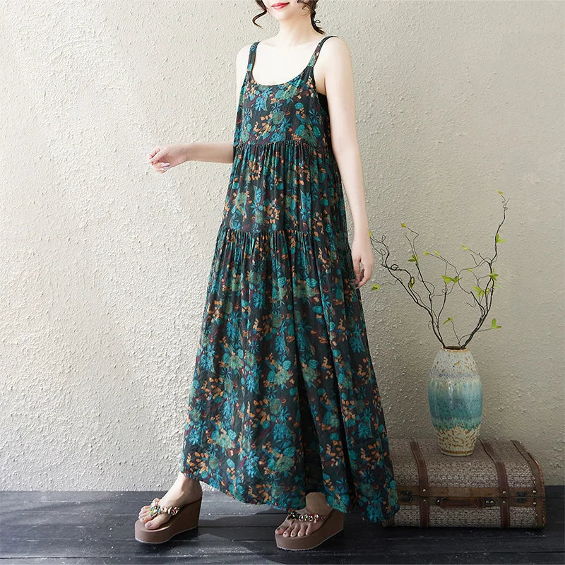 Casual Loose Cotton Linen A-Line Long Dress Women's Sleeveless round Neck Printed Gown Artistic Style plus Size Skirt