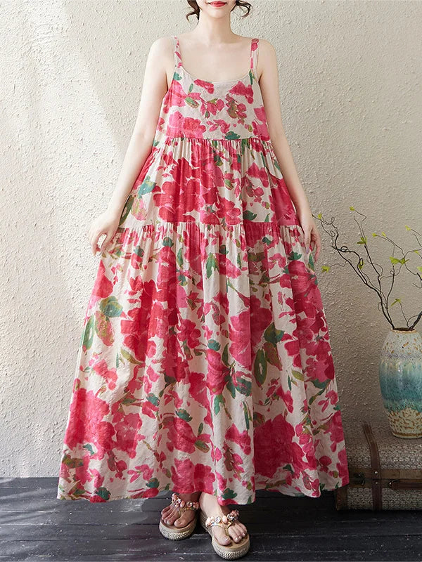 Casual Loose Cotton Linen A-Line Long Dress Women's Sleeveless round Neck Printed Gown Artistic Style plus Size Skirt