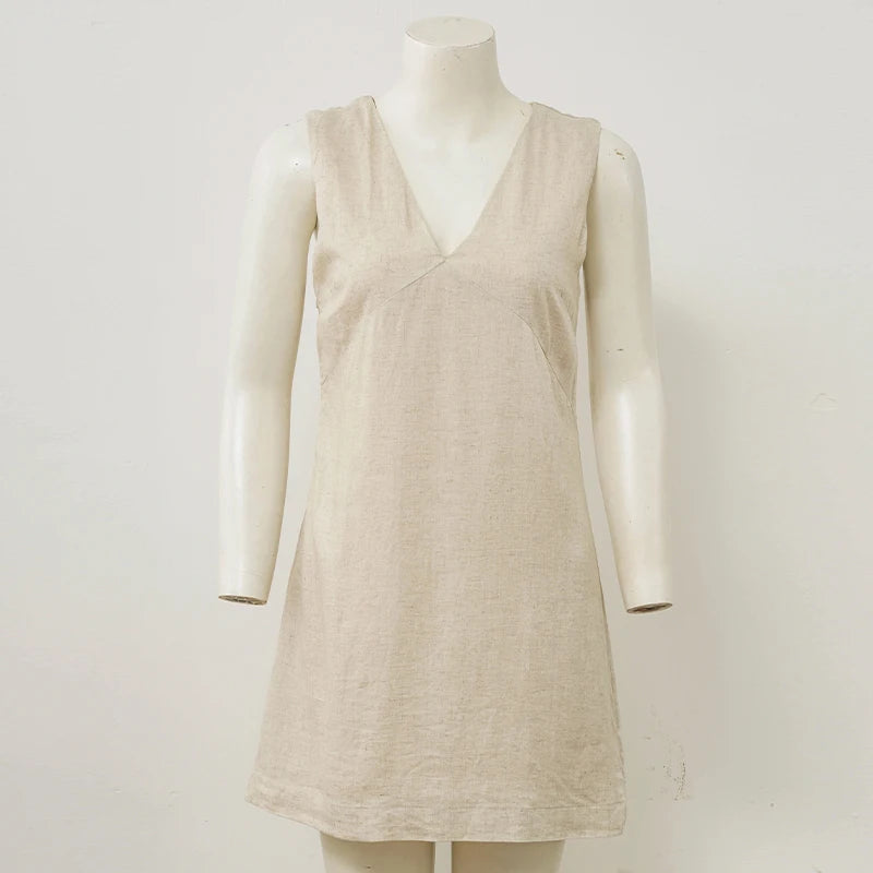 Casual Linen Sleeveless Dress Elegant Women's Sexy V-Neck Chic Casual Cotton And Linen Dresses New Summer Clothes Vestidos