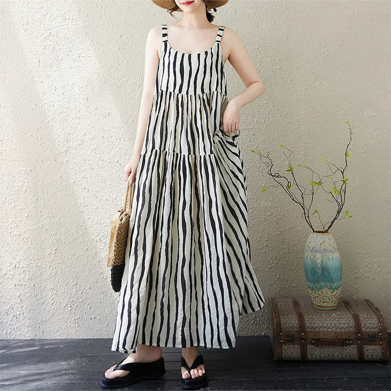 Casual Loose Cotton Linen A-Line Long Dress Women's Sleeveless round Neck Printed Gown Artistic Style plus Size Skirt