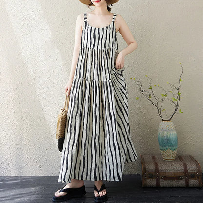 Casual Loose Cotton Linen A-Line Long Dress Women's Sleeveless round Neck Printed Gown Artistic Style plus Size Skirt