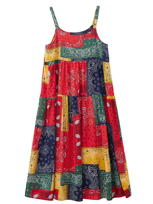 Casual Loose Cotton Linen A-Line Long Dress Women's Sleeveless round Neck Printed Gown Artistic Style plus Size Skirt