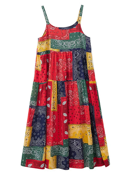 Casual Loose Cotton Linen A-Line Long Dress Women's Sleeveless round Neck Printed Gown Artistic Style plus Size Skirt