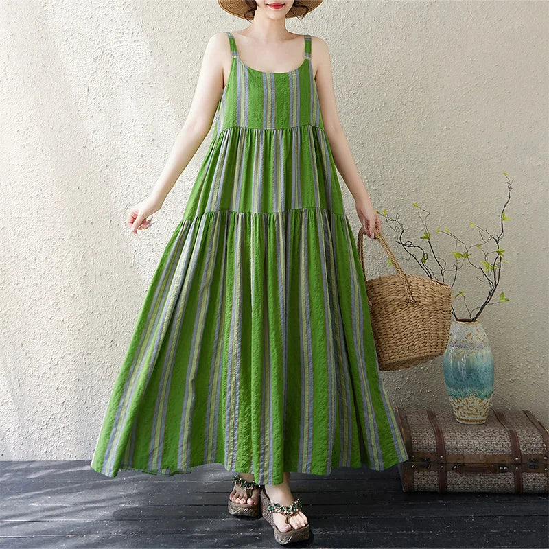 Casual Loose Cotton Linen A-Line Long Dress Women's Sleeveless round Neck Printed Gown Artistic Style plus Size Skirt