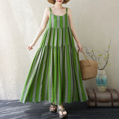 Casual Loose Cotton Linen A-Line Long Dress Women's Sleeveless round Neck Printed Gown Artistic Style plus Size Skirt