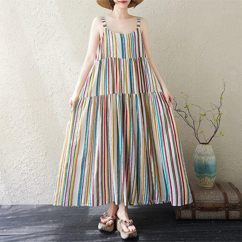 Casual Loose Cotton Linen A-Line Long Dress Women's Sleeveless round Neck Printed Gown Artistic Style plus Size Skirt