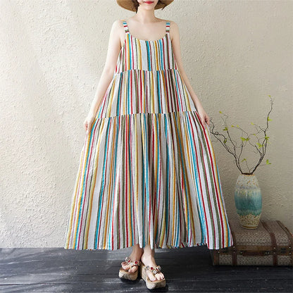 Casual Loose Cotton Linen A-Line Long Dress Women's Sleeveless round Neck Printed Gown Artistic Style plus Size Skirt