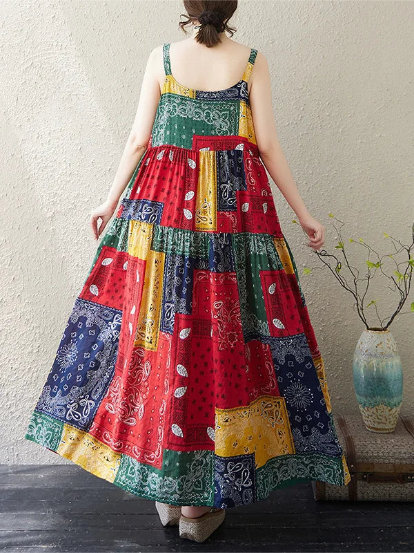 Casual Loose Cotton Linen A-Line Long Dress Women's Sleeveless round Neck Printed Gown Artistic Style plus Size Skirt