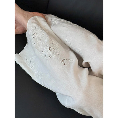 Elegant Linen White Wide Leg Pants Women Fashion Embroidery Baggy Full Length Pants Summer Korean Casual Straight Trousers New