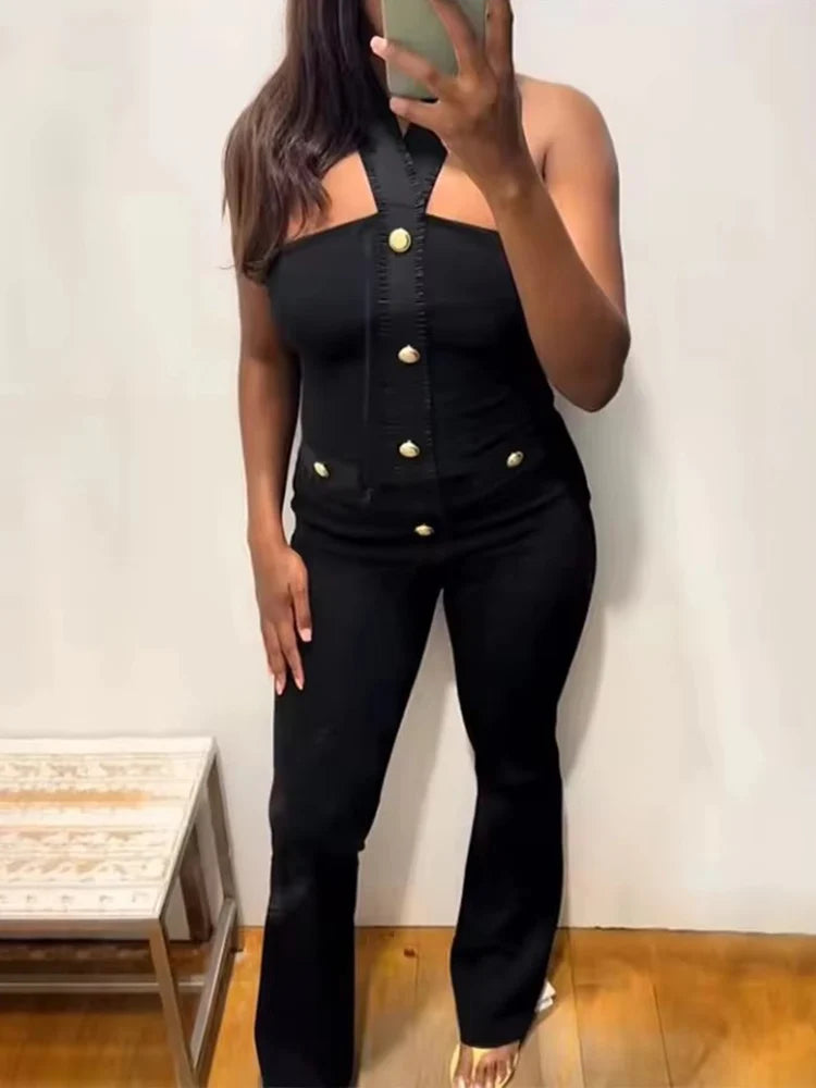 Women 2 Pieces Pants Sets 2026 New Fashion Gold Button Halter Top + Flare Trousers Women's Suit Bodycon Set Woman Outfits