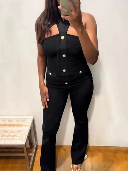 Women 2 Pieces Pants Sets 2026 New Fashion Gold Button Halter Top + Flare Trousers Women's Suit Bodycon Set Woman Outfits