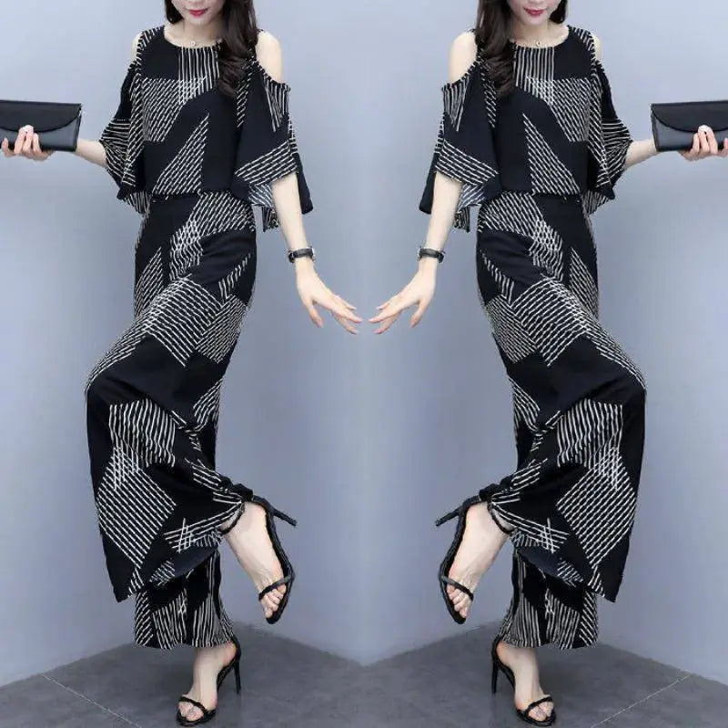 Elegant Fashion Printed Two Piece Sets Summer 2025 New O-Neck Half Sleeve Off Shoulder Tops Elastic Waist Flare Pants Women Suit