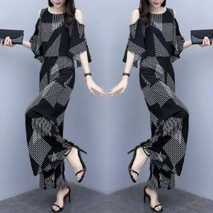 Elegant Fashion Printed Two Piece Sets Summer 2025 New O-Neck Half Sleeve Off Shoulder Tops Elastic Waist Flare Pants Women Suit