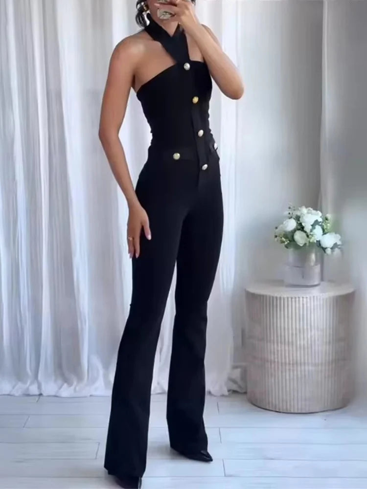 Women 2 Pieces Pants Sets 2026 New Fashion Gold Button Halter Top + Flare Trousers Women's Suit Bodycon Set Woman Outfits