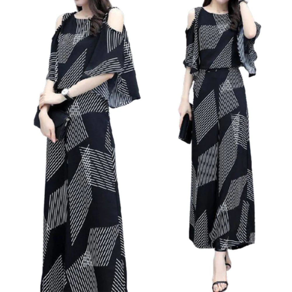 Elegant Fashion Printed Two Piece Sets Summer 2025 New O-Neck Half Sleeve Off Shoulder Tops Elastic Waist Flare Pants Women Suit