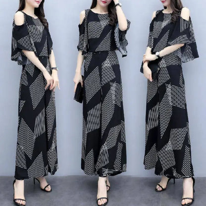 Elegant Fashion Printed Two Piece Sets Summer 2025 New O-Neck Half Sleeve Off Shoulder Tops Elastic Waist Flare Pants Women Suit