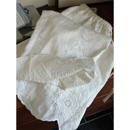 Elegant Linen White Wide Leg Pants Women Fashion Embroidery Baggy Full Length Pants Summer Korean Casual Straight Trousers New