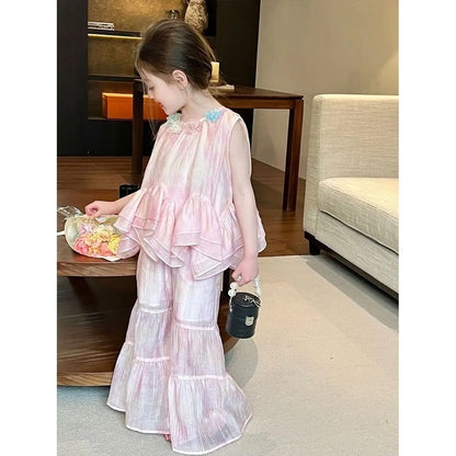 Flower Top Flared Pants Set Summer New Thin Fashionable Casual Loose Sweet Temperament Flower Vest Bell Bottom Pants 2 Piece Set