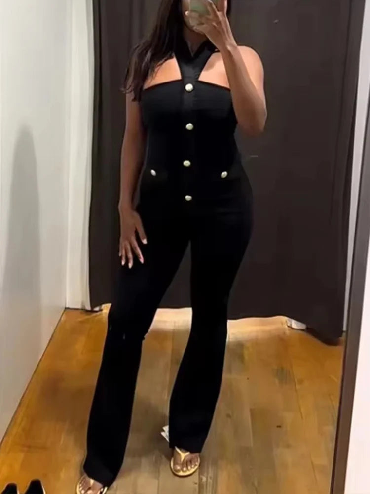 Women 2 Pieces Pants Sets 2026 New Fashion Gold Button Halter Top + Flare Trousers Women's Suit Bodycon Set Woman Outfits