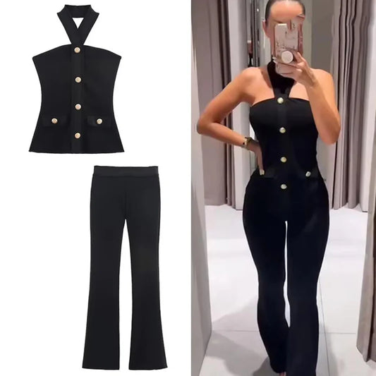Women 2 Pieces Pants Sets 2026 New Fashion Gold Button Halter Top + Flare Trousers Women's Suit Bodycon Set Woman Outfits