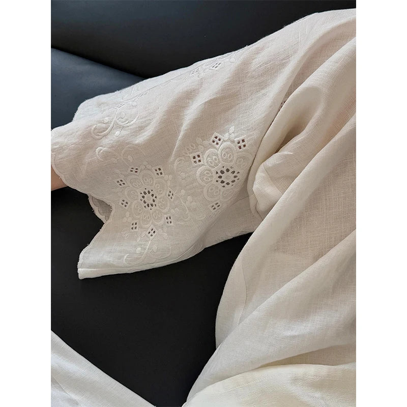 Elegant Linen White Wide Leg Pants Women Fashion Embroidery Baggy Full Length Pants Summer Korean Casual Straight Trousers New