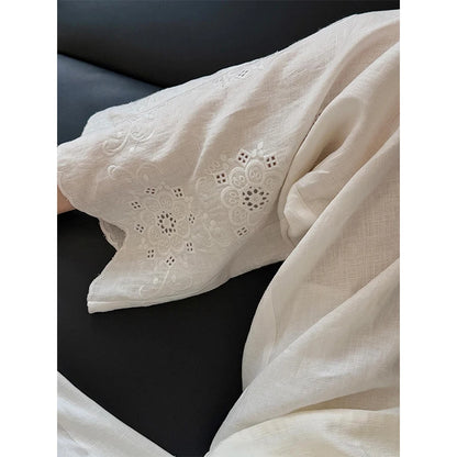 Elegant Linen White Wide Leg Pants Women Fashion Embroidery Baggy Full Length Pants Summer Korean Casual Straight Trousers New