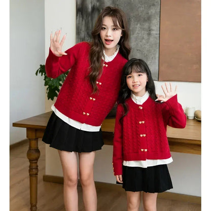 Knitted Cardigan New Year Family Matching Red Knit Clothes Christmas Mother and Daughter Father and Son Children Sweater Jumper