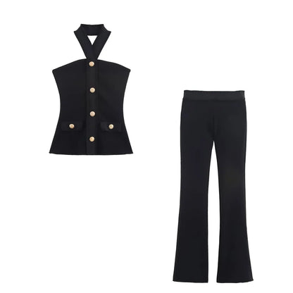 Women 2 Pieces Pants Sets 2026 New Fashion Gold Button Halter Top + Flare Trousers Women's Suit Bodycon Set Woman Outfits
