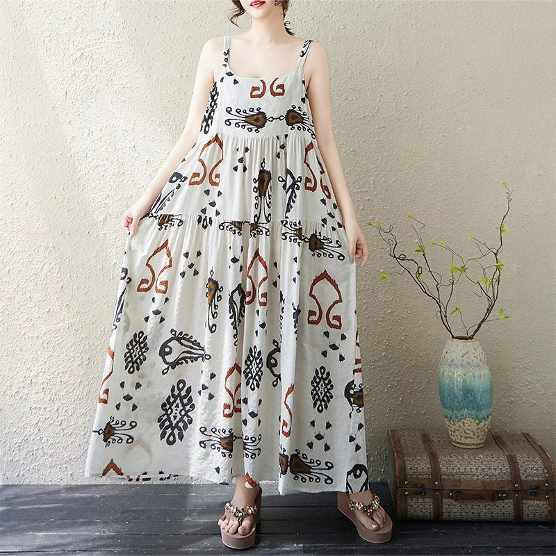 Casual Loose Cotton Linen A-Line Long Dress Women's Sleeveless round Neck Printed Gown Artistic Style plus Size Skirt