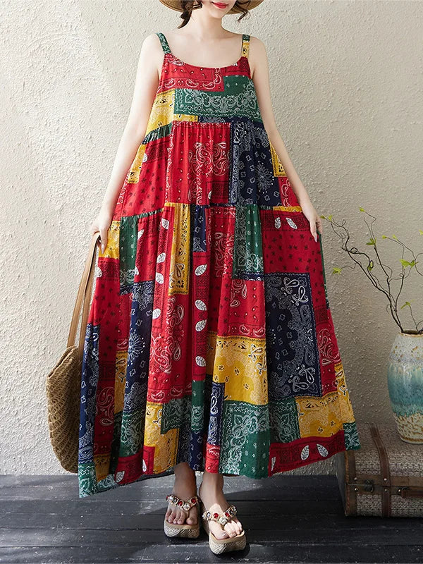 Casual Loose Cotton Linen A-Line Long Dress Women's Sleeveless round Neck Printed Gown Artistic Style plus Size Skirt