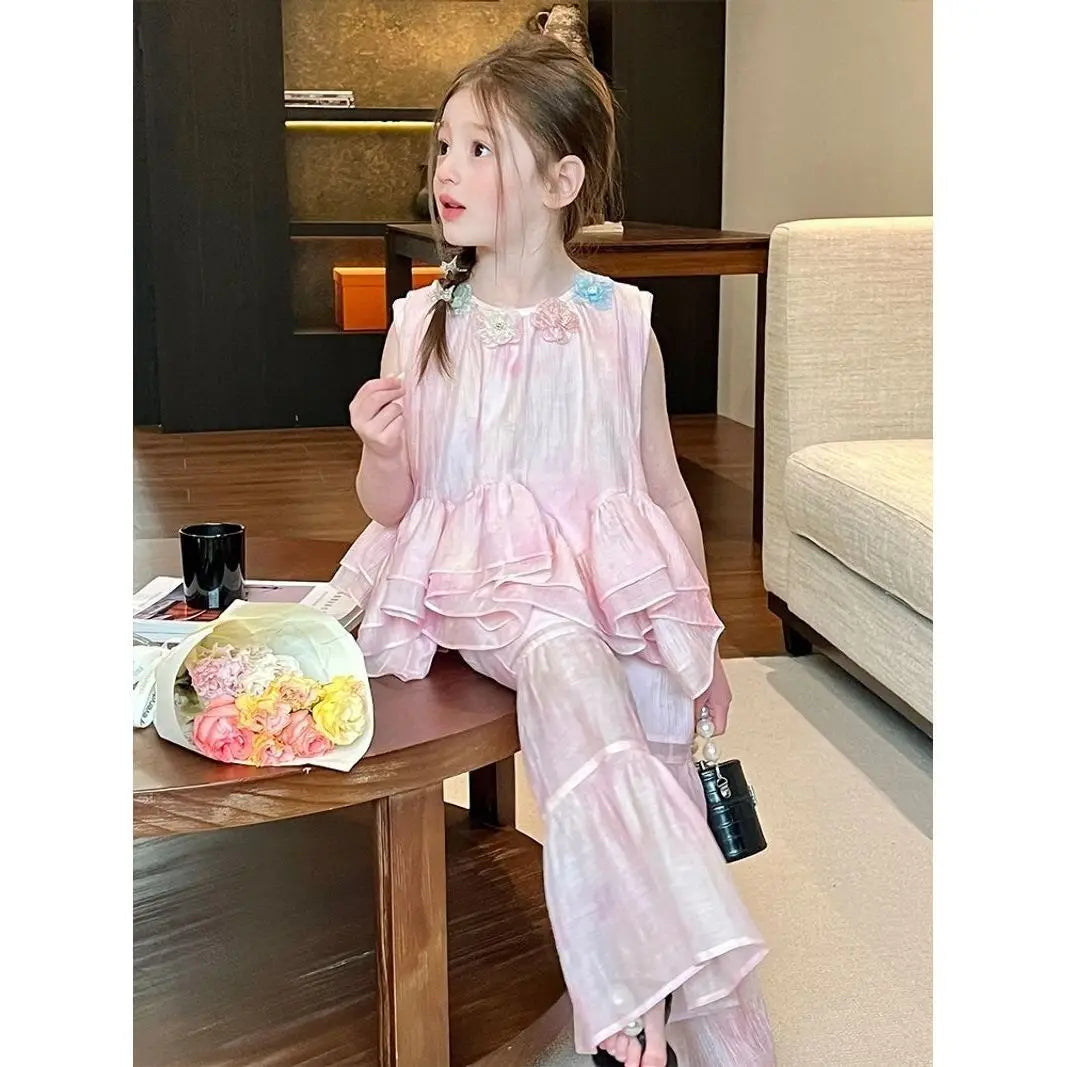Flower Top Flared Pants Set Summer New Thin Fashionable Casual Loose Sweet Temperament Flower Vest Bell Bottom Pants 2 Piece Set